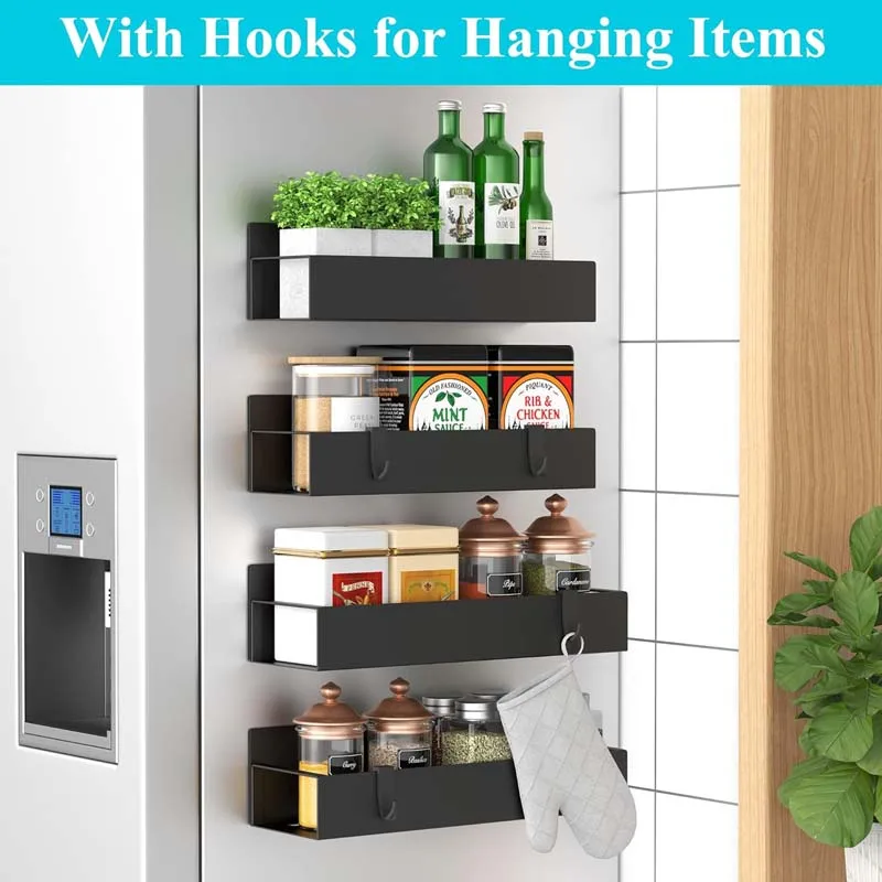 Wholesale 4 Pack Spice Rack Kitchen Moveable Magnetic Shelf Fridge Organizer with 4 Hooks