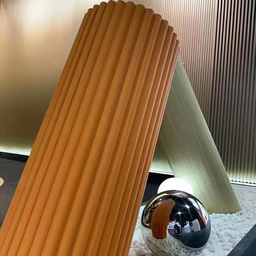 European design Good Quality PVC Solid Wooden Slat Rotating Grille Wall Panel Curved WPC Wall Panel for reception decoration