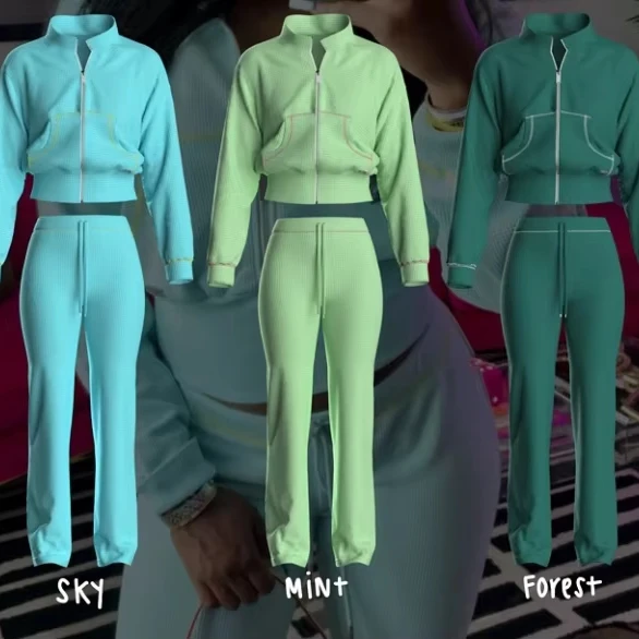 2 Pieces Women Tracksuits Waffle Knit Zipper Sweatshirts With Flared Pants Casual Sweatsuits For Women Workout