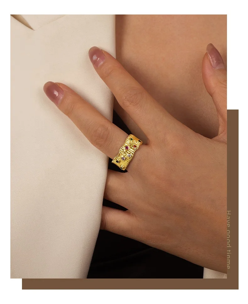 AIZL Reason Energy Jewelry Zircon Enamel Adjustable Ring 18K Gold Plated Stainless Steel Geometric Open Ring Set