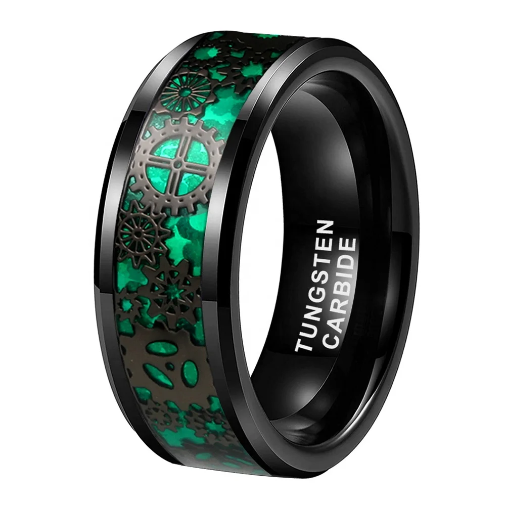 Coolstyle Jewelry 6mm 8mm Silver Black Tungsten Ring Men Women Couple Wedding Band Steampunk Gear Carbon fiber Inlay Comfort Fit