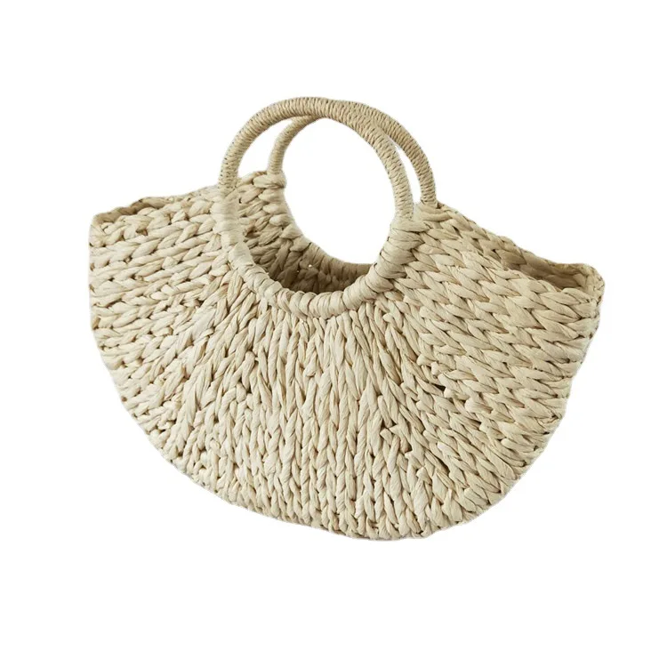 New Semicircular Straw Woven Bag Handmade Pure Color Woven Basket Rattan Handbag