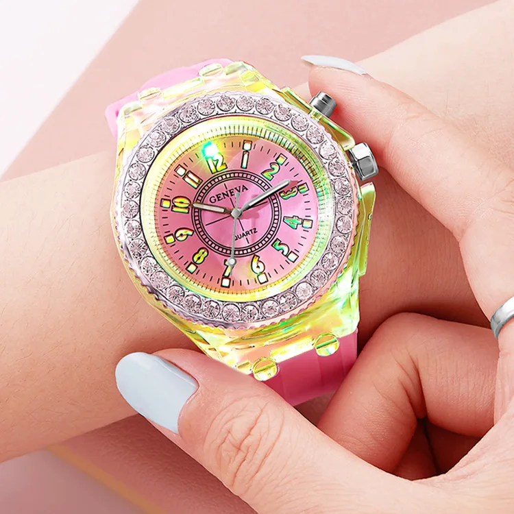 Fashion Rhinestone Big Dial Silicone Band Analog Watch Clear Case Quartz Watches LED Luminous For Kids Watch