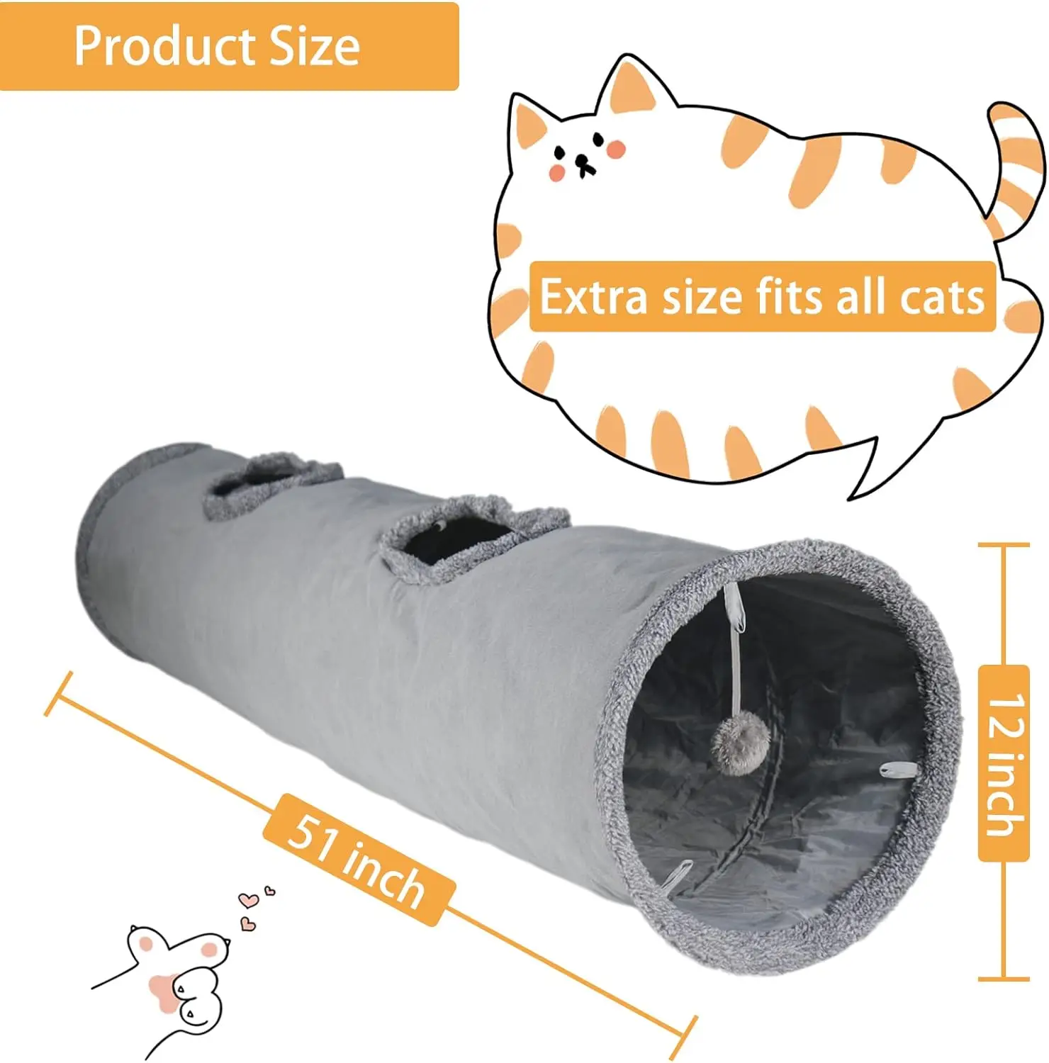 Cat Tunnel for Indoor Cats, 51* 12 inch Foldable Big Cat Tunnel, Grey Suede Pet Tunnels with Two Peepholes and a Bubble Ball