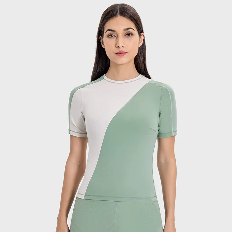 Sports T-shirt With Colour Blocking Slim Fit Gym Fitness Short Sleeve Tee With Asymmetrical Design Stretch Running TrainingTops