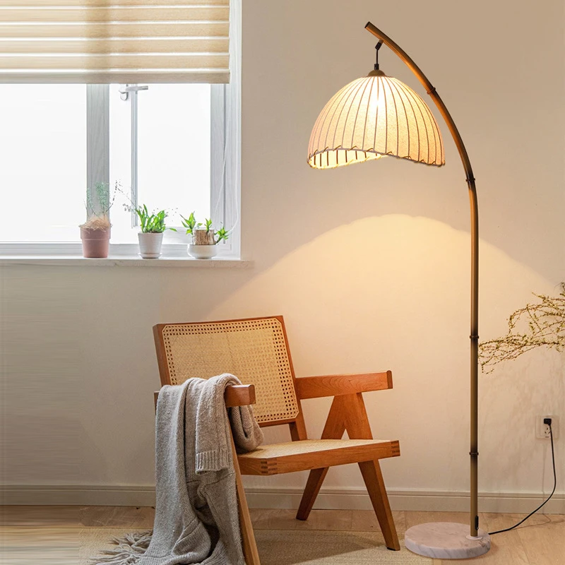 Retro Zen Wabi Sabi Hotel Corner Decorative Arc Weaving Fabric Lampshade Marble Base Simulated Bamboo Fishing Floor Lamp