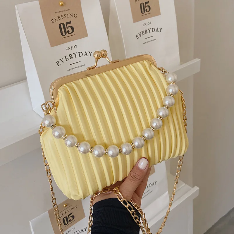Korean INS Style Pearl Handbag for Ladies Fashion Pleated Personalized Single Shoulder Messenger Bag Shell Bag for Women