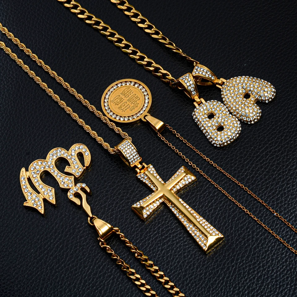 Hip Hop Pendant Jewelry 18K Gold Plated Stainless Steel Micro Pave CZ Cross Letter Islamic Allah Pendant Necklace for Men
