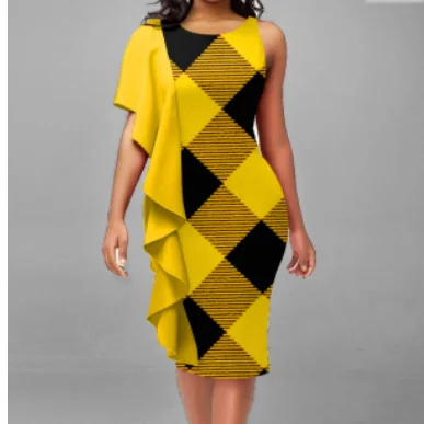 Evening Dress  Irregular Printed Women Dresses with Plaid Yellow Flounce Round Neck Dress