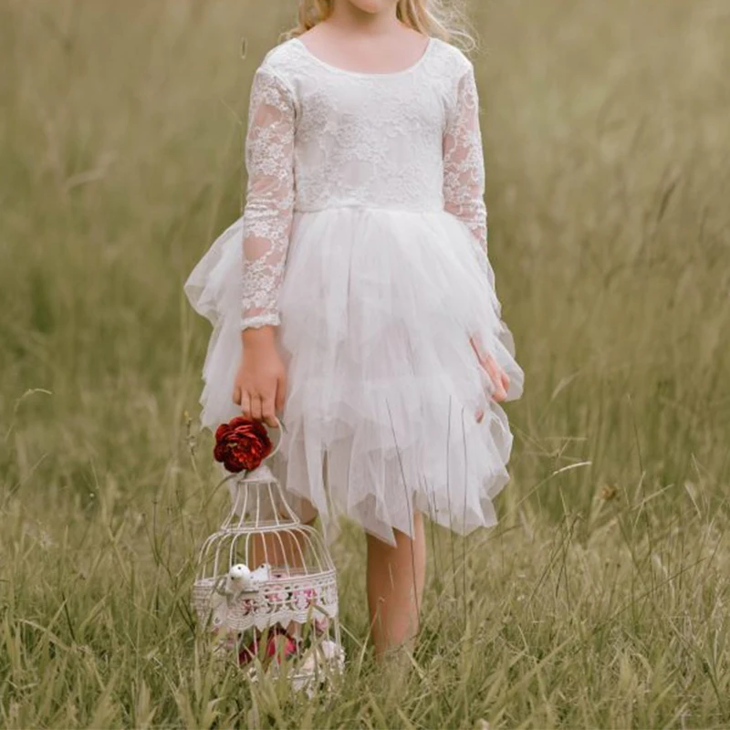 Custom Embroidery Ball Gown White Flower Princess Party Birthday Fluffy Dresses for Little Girls