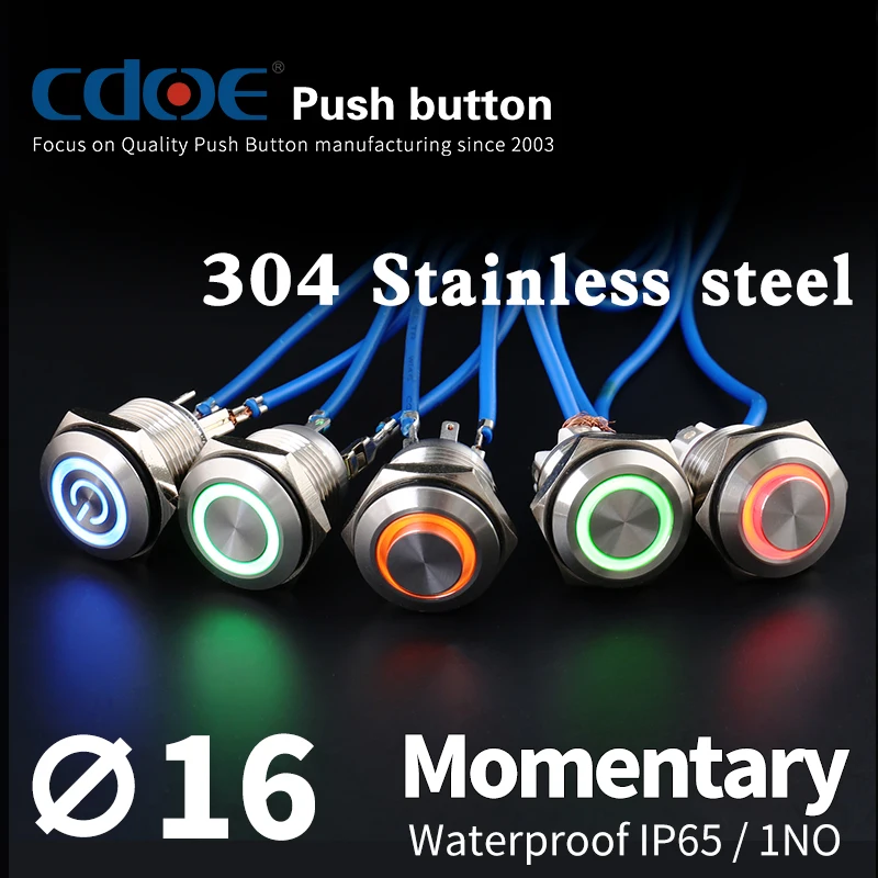 19mm flat head 1no SPST momentary 4 pins ring illuminated waterproof metal push button switch