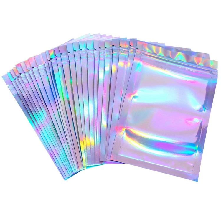 Transparent Clear Iridescent Front Silver Backed Aluminized Plastic Packaging Mylar Zip lock Holographic Laser Bag