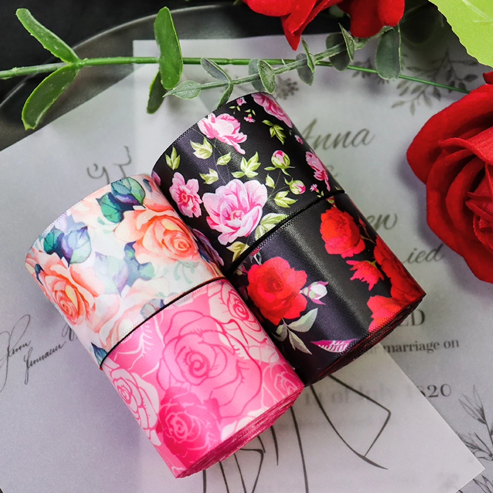 Hot Sale 1.5 inch Double Face Heat Transfer Flower Polyester Satin Ribbon 100 Yards