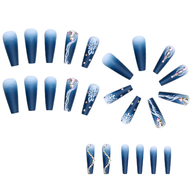Long Press on Nails Coffin Dark Blue Gradient False Nails with White Flower Diamonds Design Glue Reusable Acrylic Fake Nails Gel