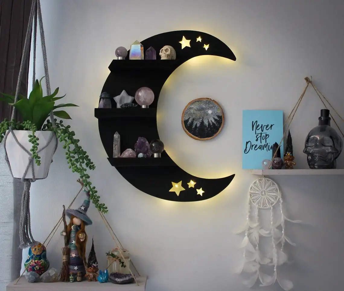 LED Moon Sign Shaped Decor, Moon shelf Wall Decor for Living Room, Wedding Party Decor