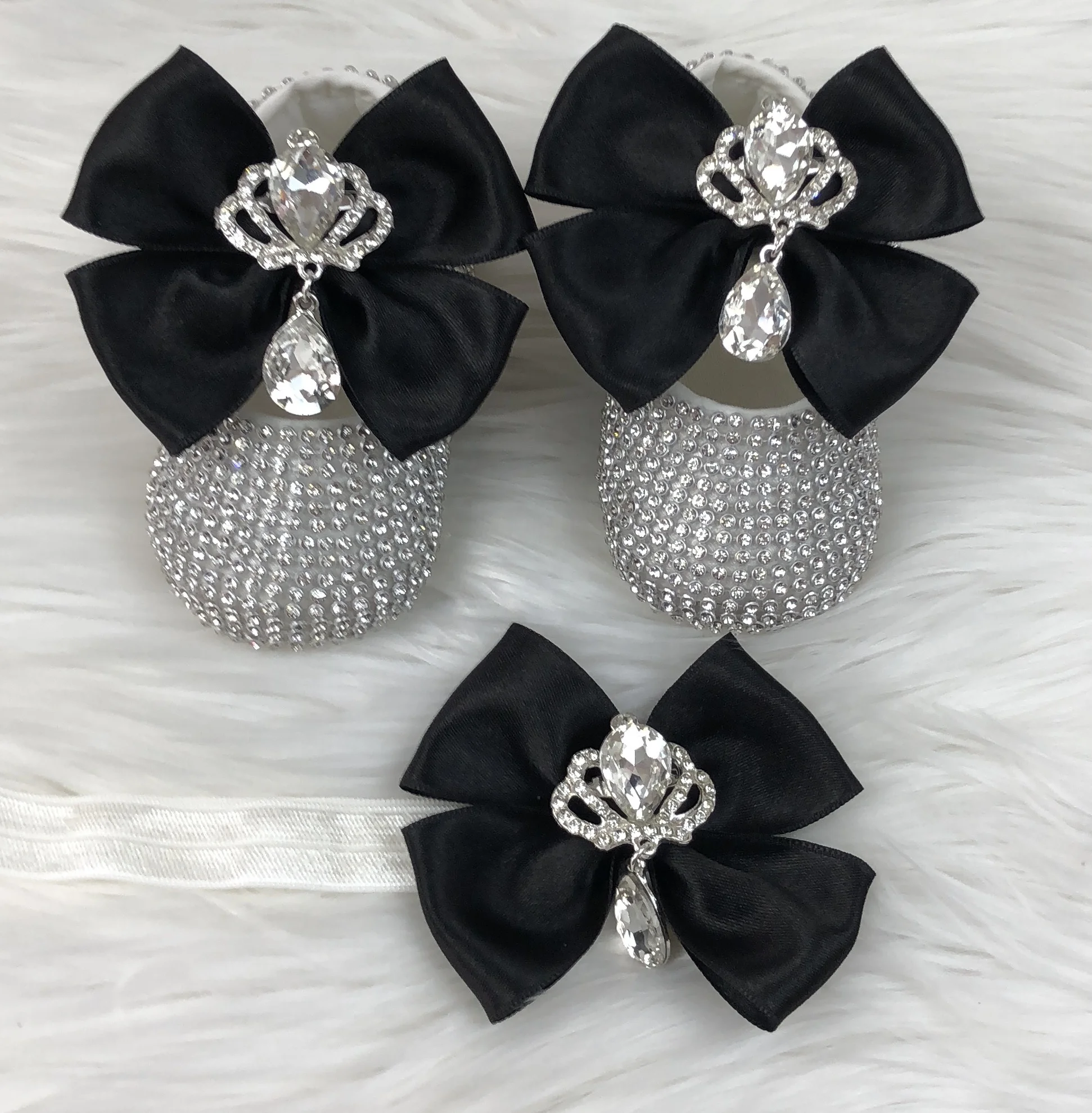 Wholesale Custom Modern High Quality Newborn New Design Black Silver Shiny Shoes And Hair Band Girl Girls Babies Baby Gift