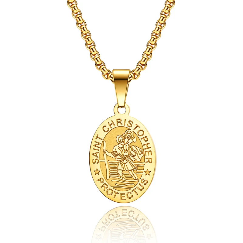 Stainless Steel Saint Christopher Medal Necklace for Men Women Religious Christian St Christopher Oval Pendant Necklaces Jewelry