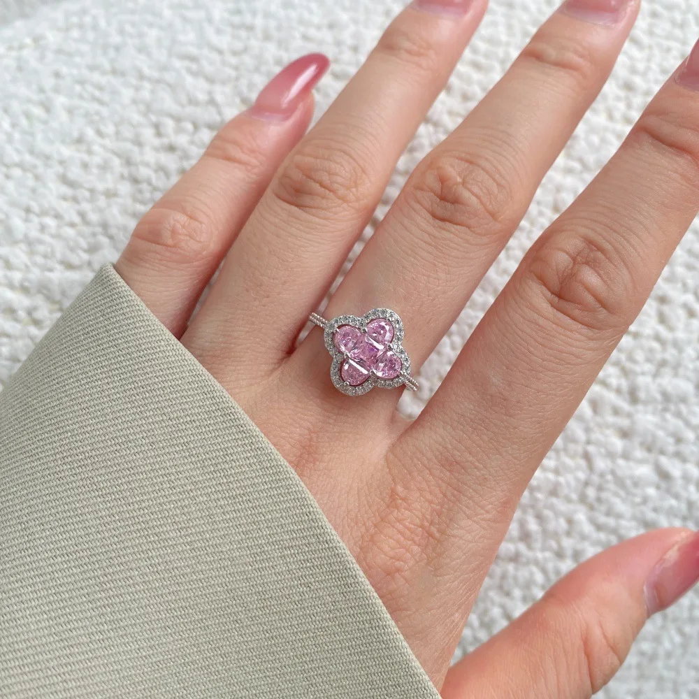 Trending Design 18K Gold Plated 925 Sterling Silver Diamond 5a pink Cubic Zirconia Four Leaf Clover Promise Engage Ring