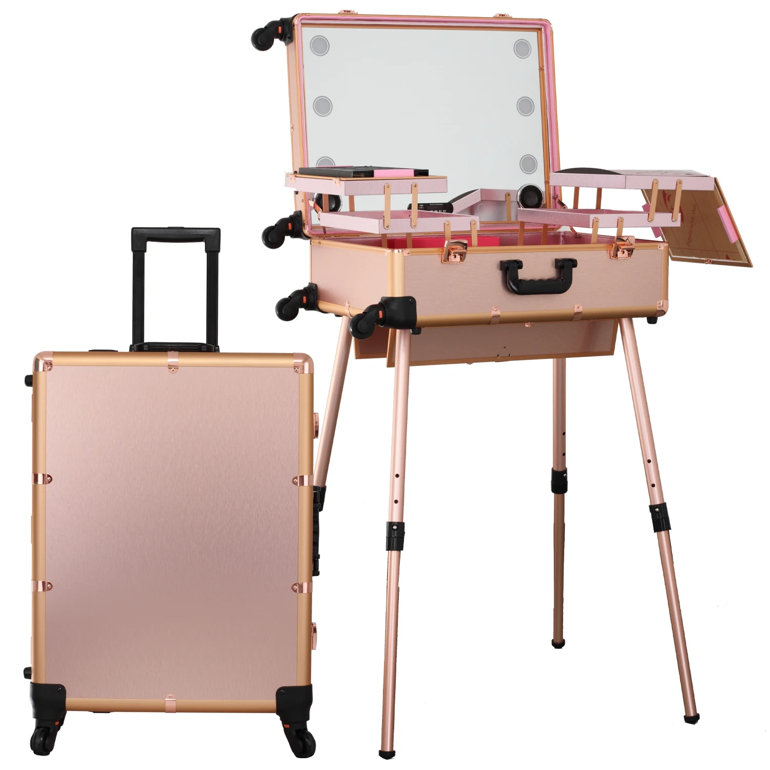 Keyson Pink Professional Trolley Beauty Case On Wheels Aluminum Makeup Train Case Trolley Professional Rolling Train Case