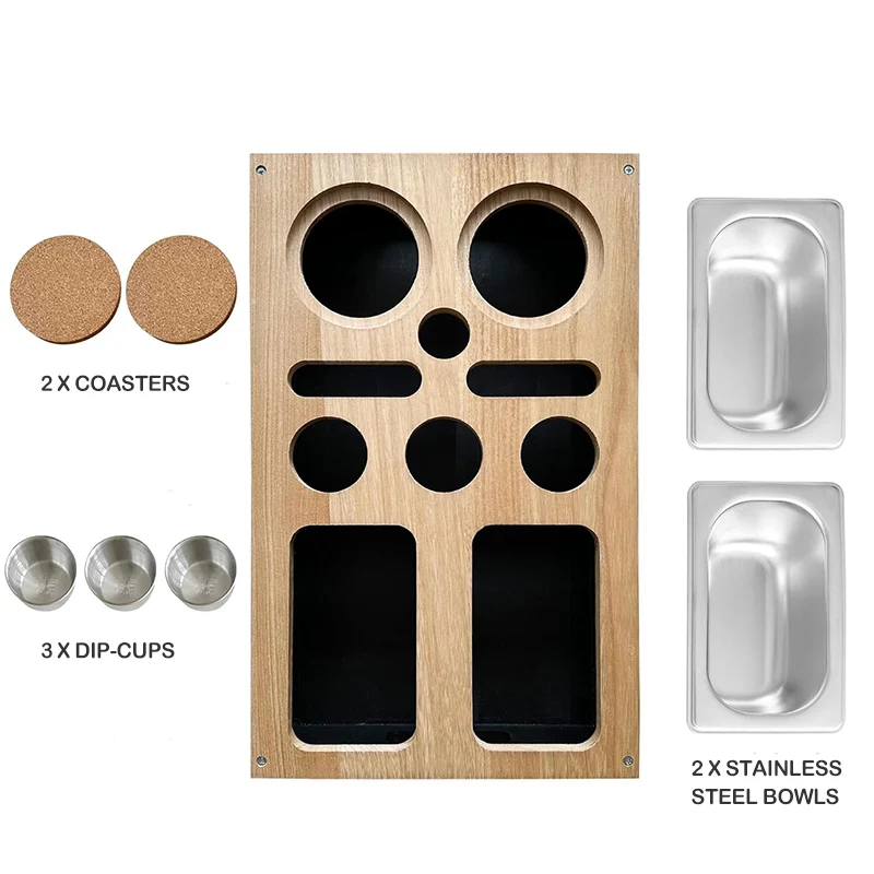 Wood Couch Snack Caddy Tray Stainless Steel Bowls Dip Cups, Sofa Dispenser Sofa Snack Tray with Drink Holders