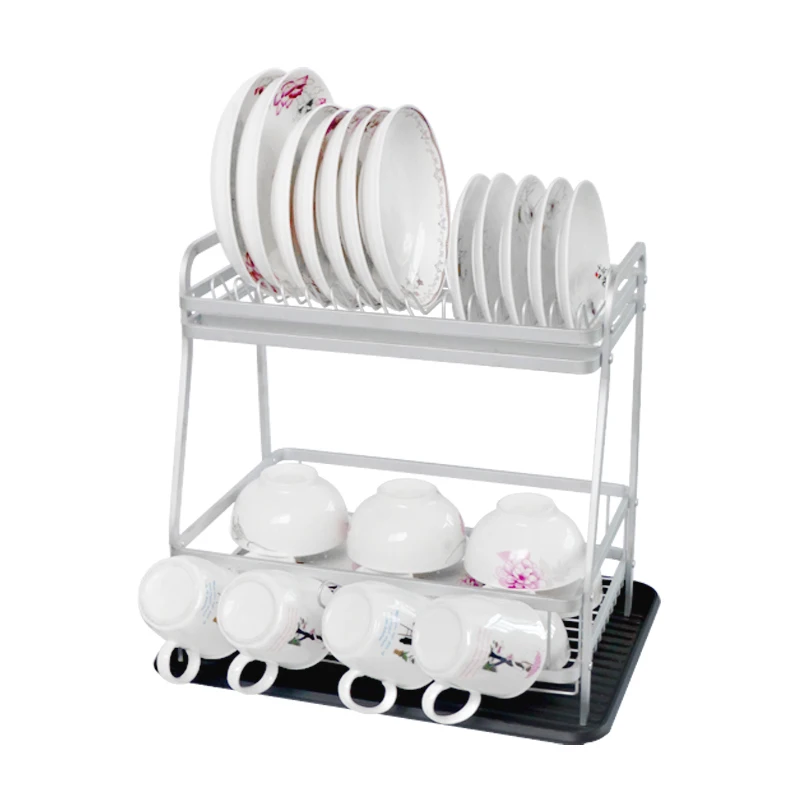 2-Tier Large Metal Kitchen Countertop Standing Dish Drying Rack Set with Removable Drainboard Cup Holder