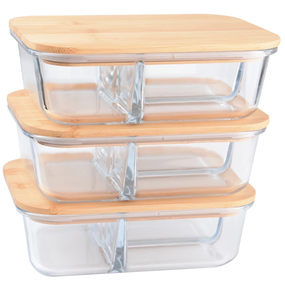 meal prep Bamboo Lid compartment Glass Food Storage container glass Lunch Box