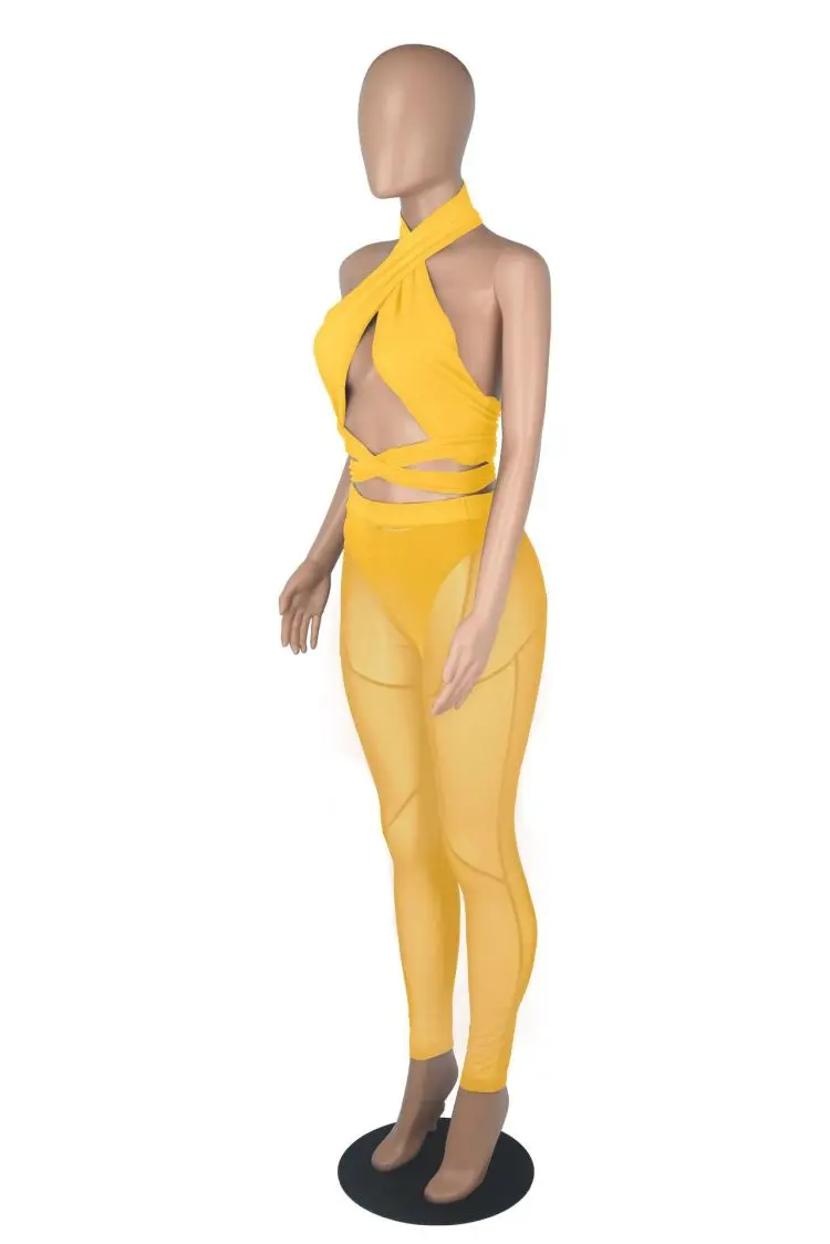 EB-2022051711  2022 New Arrival Spring Solid Color Mesh Sleeveless 3 Piece Sets Sexy Mesh Long Pant Two Piece Set Women Clothing