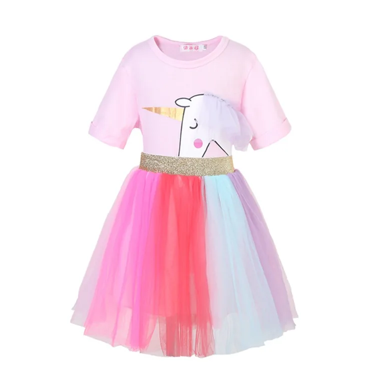 In Stock Unicorn Dress Rainbow Princess Costumes Unicorn Colorful Dress European Style Girls Short Sleeve Skirt