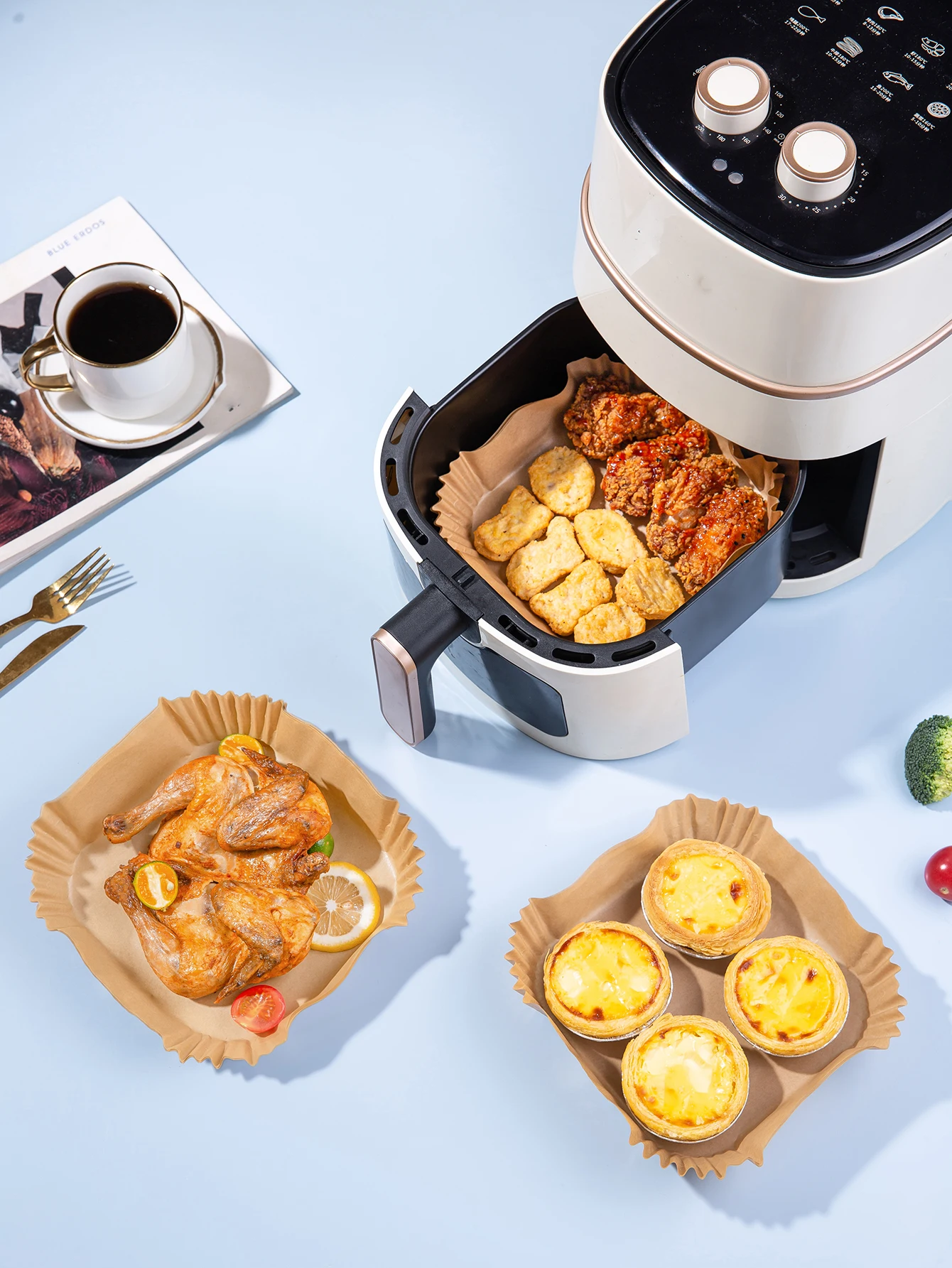 hot selling 2024 food grade silicone plain color 20cm*20cm* height 4.5cm 50pcs square Moulds Air Fryer Liner