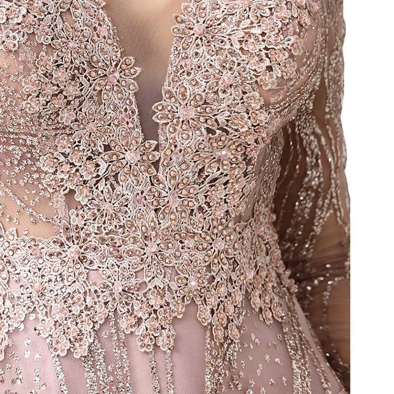 
PR0000380 2020 new pink evening dress long sleeve V-neck Glitter Mesh dress evening gown 