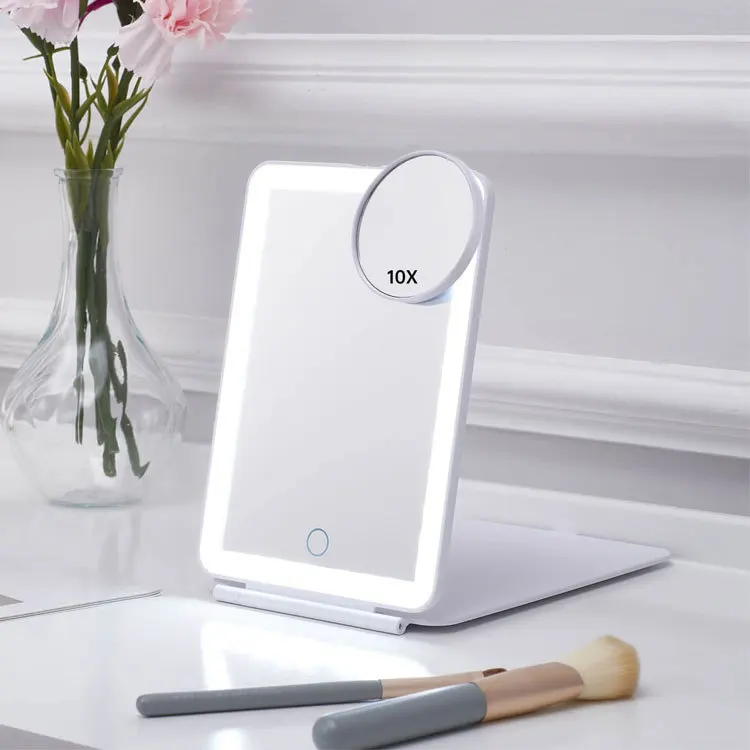 Portable Rechargeable LED Vanity Mirror Thin Touch Screen with 3 Brightness Colors and 10X Magnifying Makeup Compacy Mirror