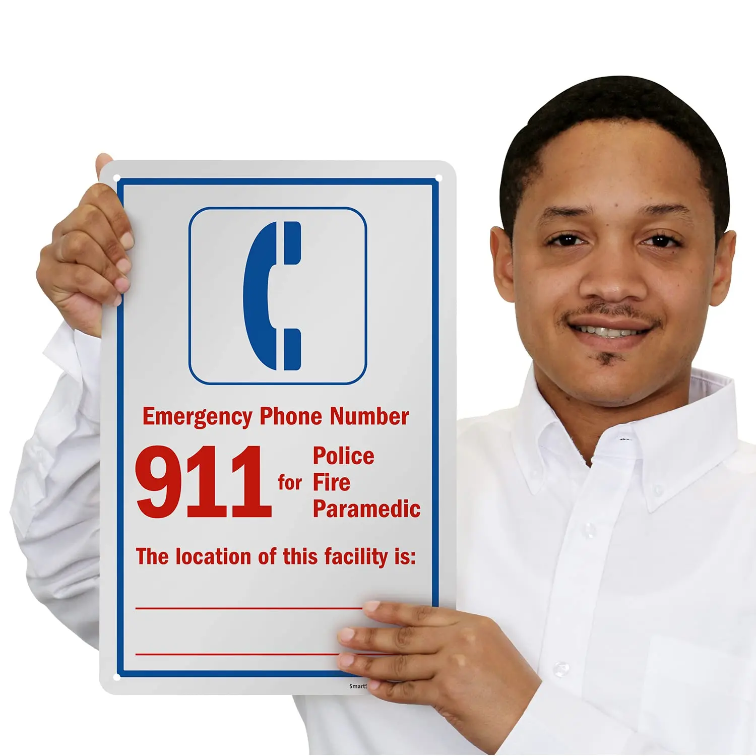 Medical emergency phone number 911- The location of this facility is Signed writing symbol, made of 55 mil high-density sign