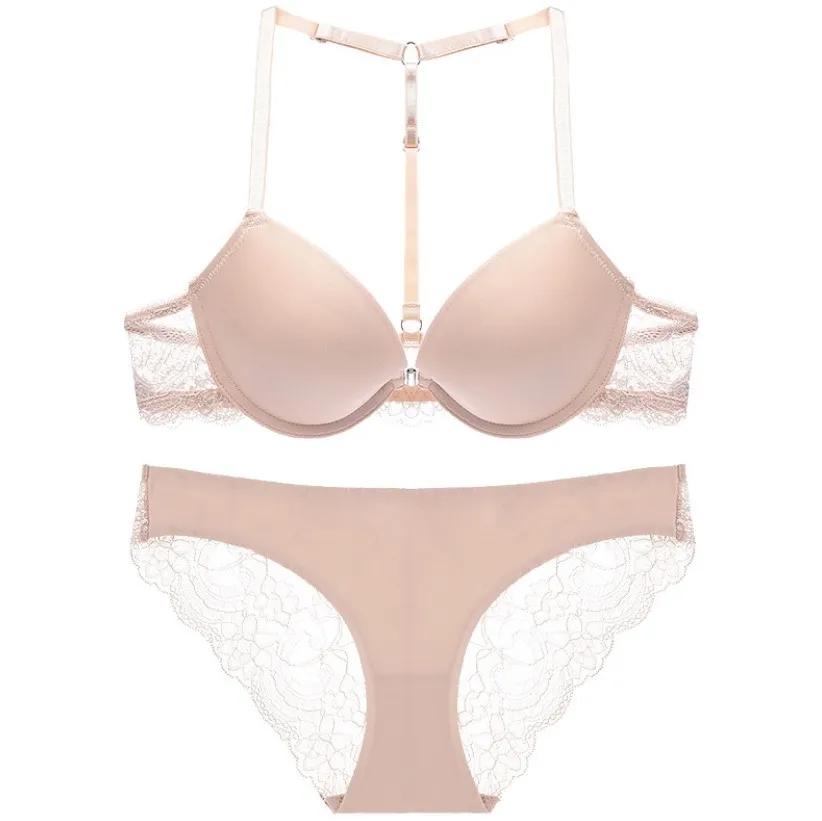 Y-shaped front buckle gathered beauty back bra set sexy lace seamless underwear wholesale sexy beautiful ladies lingerie plus si