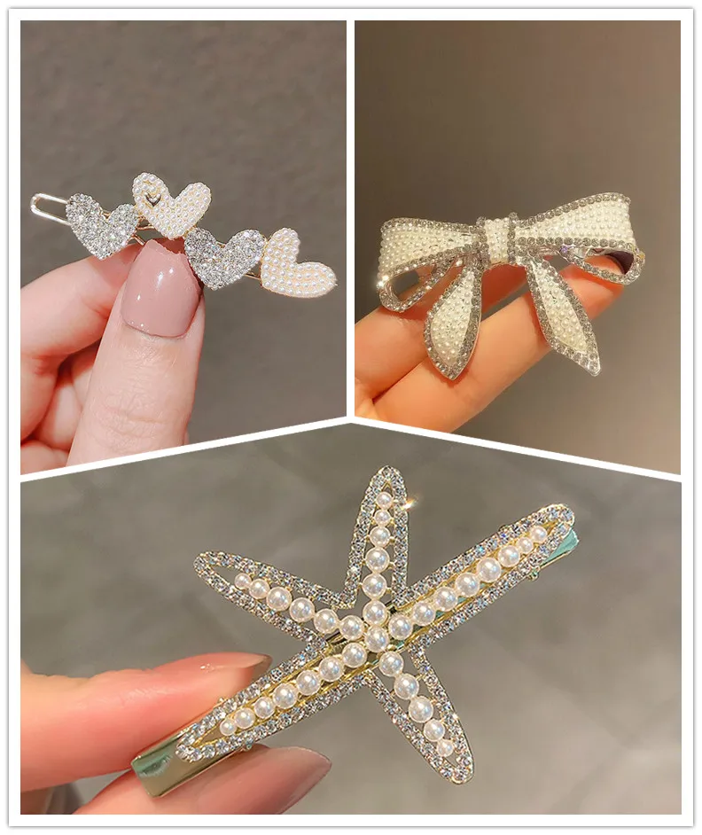 Simple Lovely Bow Hair Ornament Sweet Heart Rhinestone Pearl Hair Pins For Girls Beautiful Decoration (H016C)