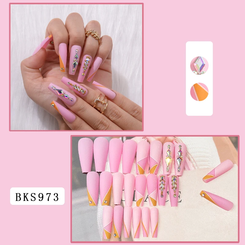 2022 Luxury Bling Pink High Quality Bulk False 3d Acrylic Design Wholesale Custom Press On Nails With Rhinestones and Box