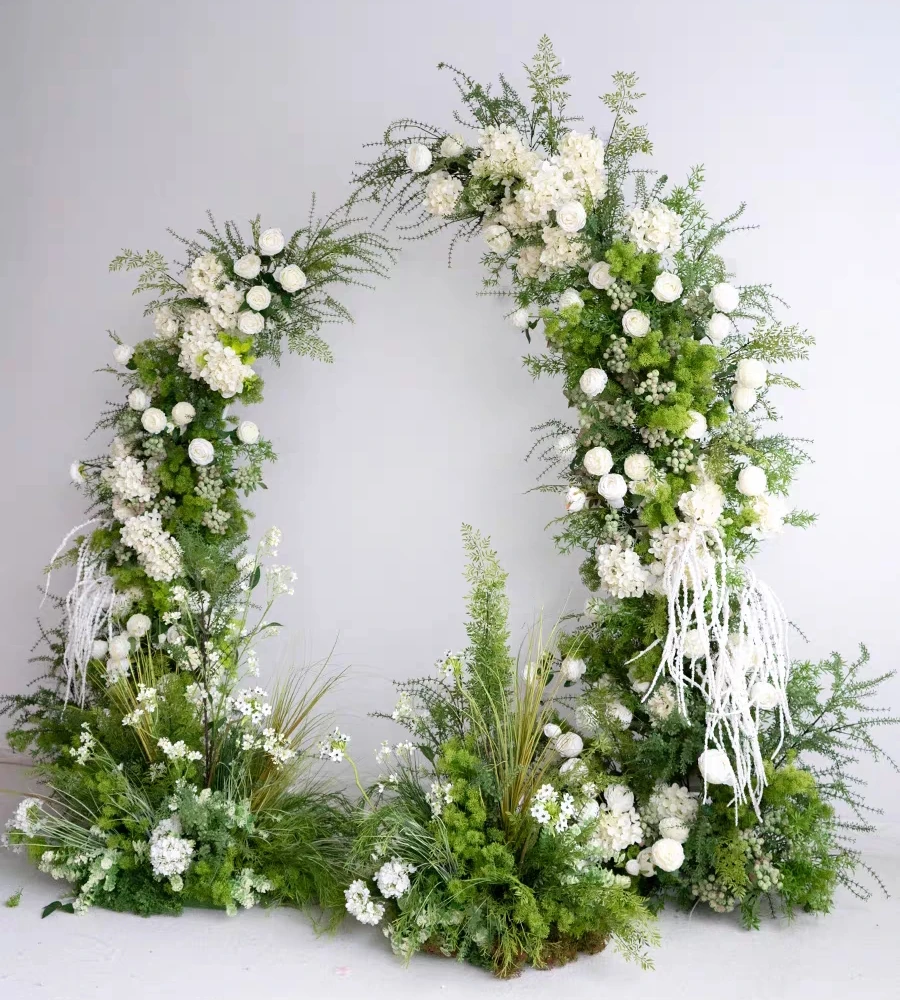Custom Wedding Green Wild Flowers Artificial Silk White Roses Floral Greenery Arch Backdrop Event Arches for Birthday Party