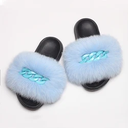 Fur Slippers Fluffy Flip Flops Shiny Chain Plush Slippers Furry Fur Slides Home Beach Flat Sandals Women Fashion Shoes