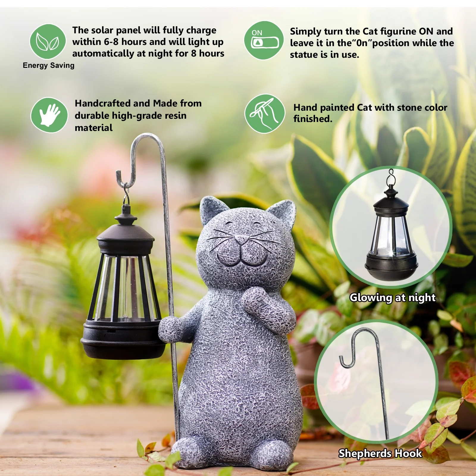 BSCI Factory Solar Garden Statue Cat Figurine with Solar Lantern for Patio,Balcony and Yard Decoration