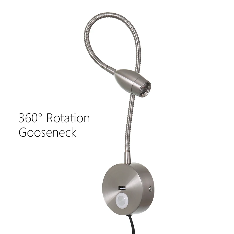 Brushed Nickel LED Hoses Touch Wall Lamp Flexible Home Hotel Bedside Reading Lamp Modern Fashion Book Light With USB Charge Port