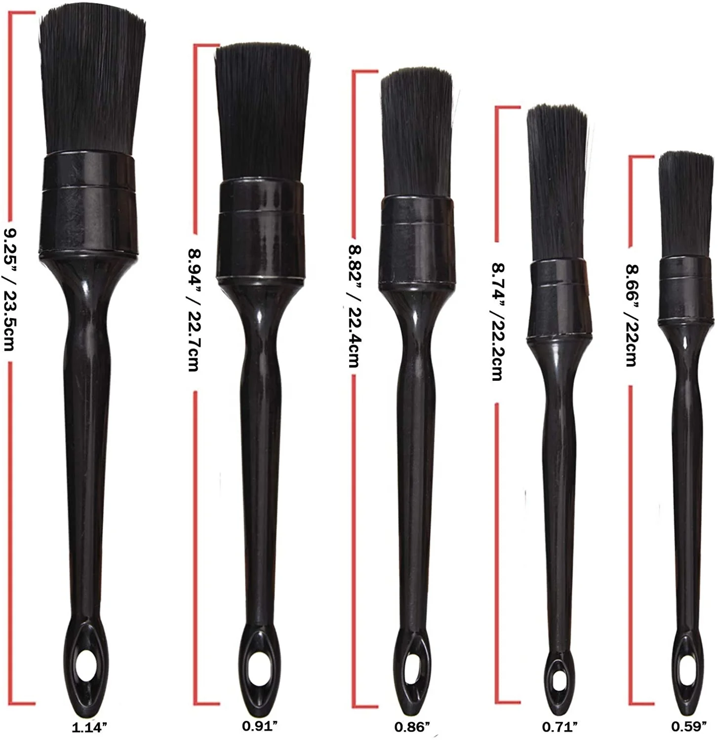 CIC High quality 5pcs set black red detailing brush cleaning auto tools with plastic handle