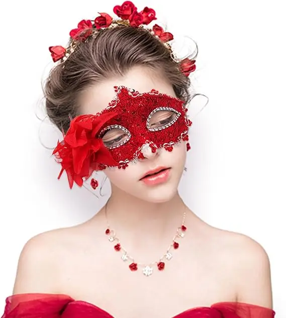 Women Lace Masquerade Mask, Venetian Style Eyemask Halloween Mask for Halloween Carnival Party Black, Large