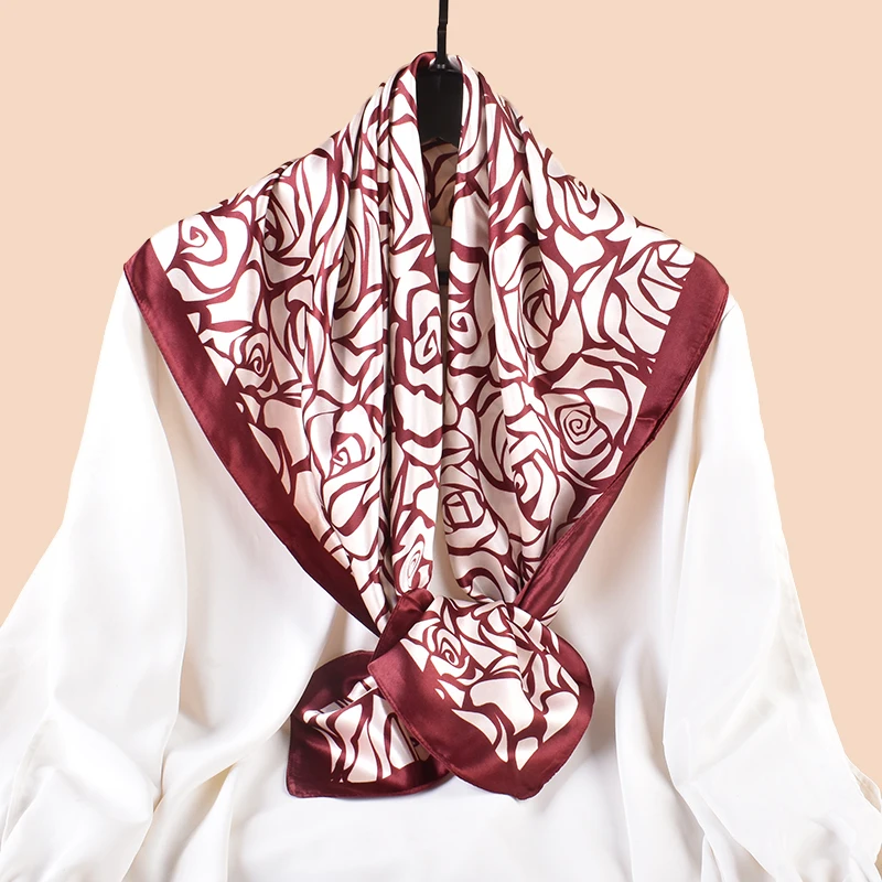 Spring/Summer Retro Rose Versatile Decorative Silk Scarf Printed 90 High Quality Satin Square Scarf for women