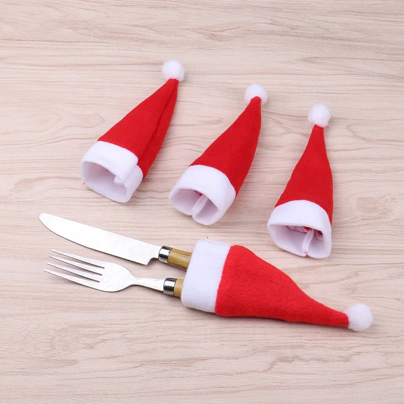 Mini Christmas Decorations the fork and knife and hat for wine beer bottle cover Christmas red wine bottle hat