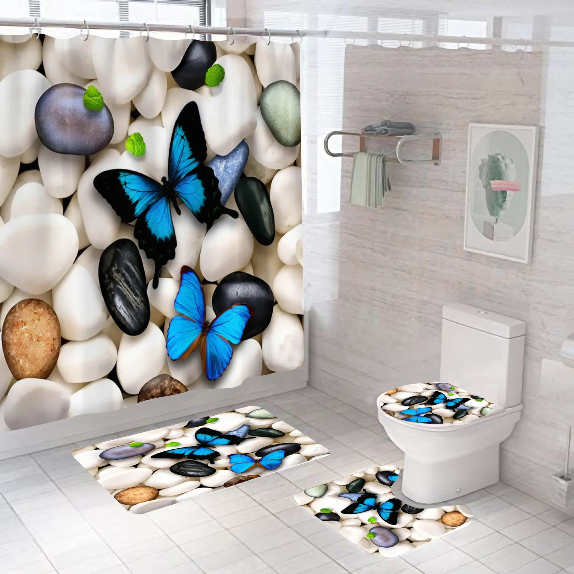 Jiaying 3D бабочка шаблон дизайна банное полотенце с занавески лайнер комплекты с коврики для ванной комнаты 4 предмета в комплекте