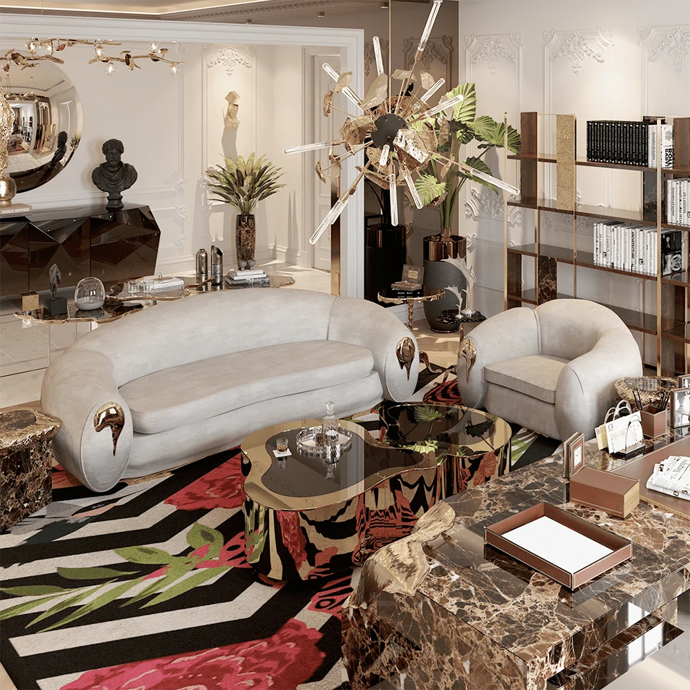 Luxury Modern Fabric customized 3 seat 4 seat White Copper base sectionals sofas lounge sofa set furniture for Living room