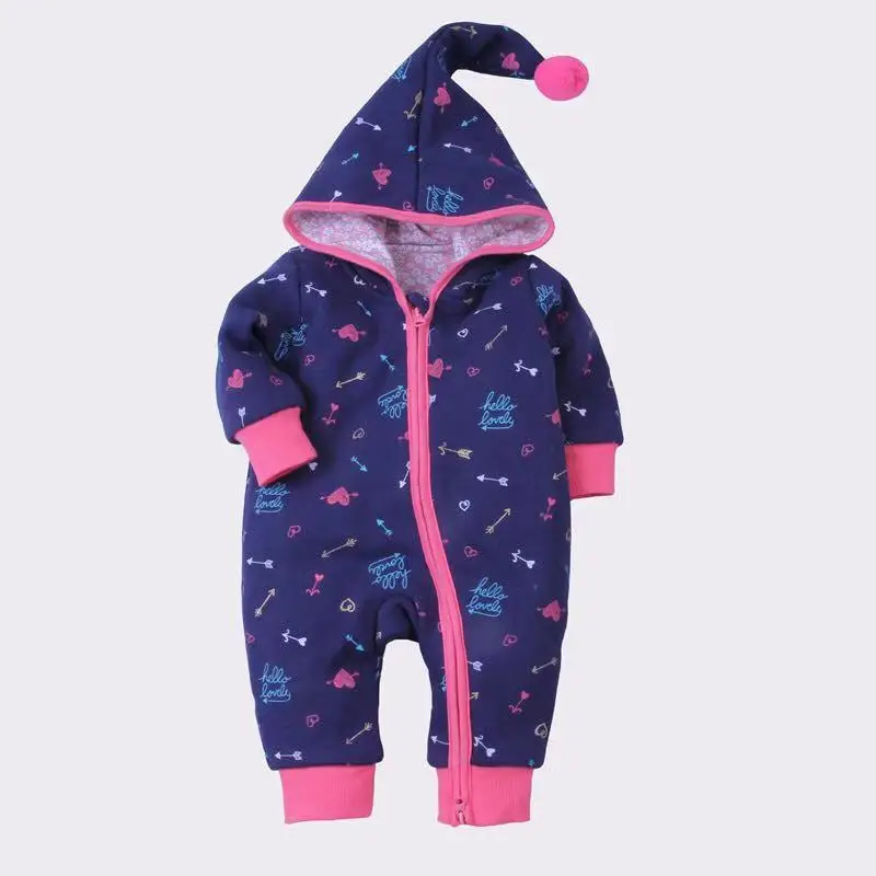 Hot sale China winter baby cotton romper printed cartoon double layers hoodie newborn baby romper