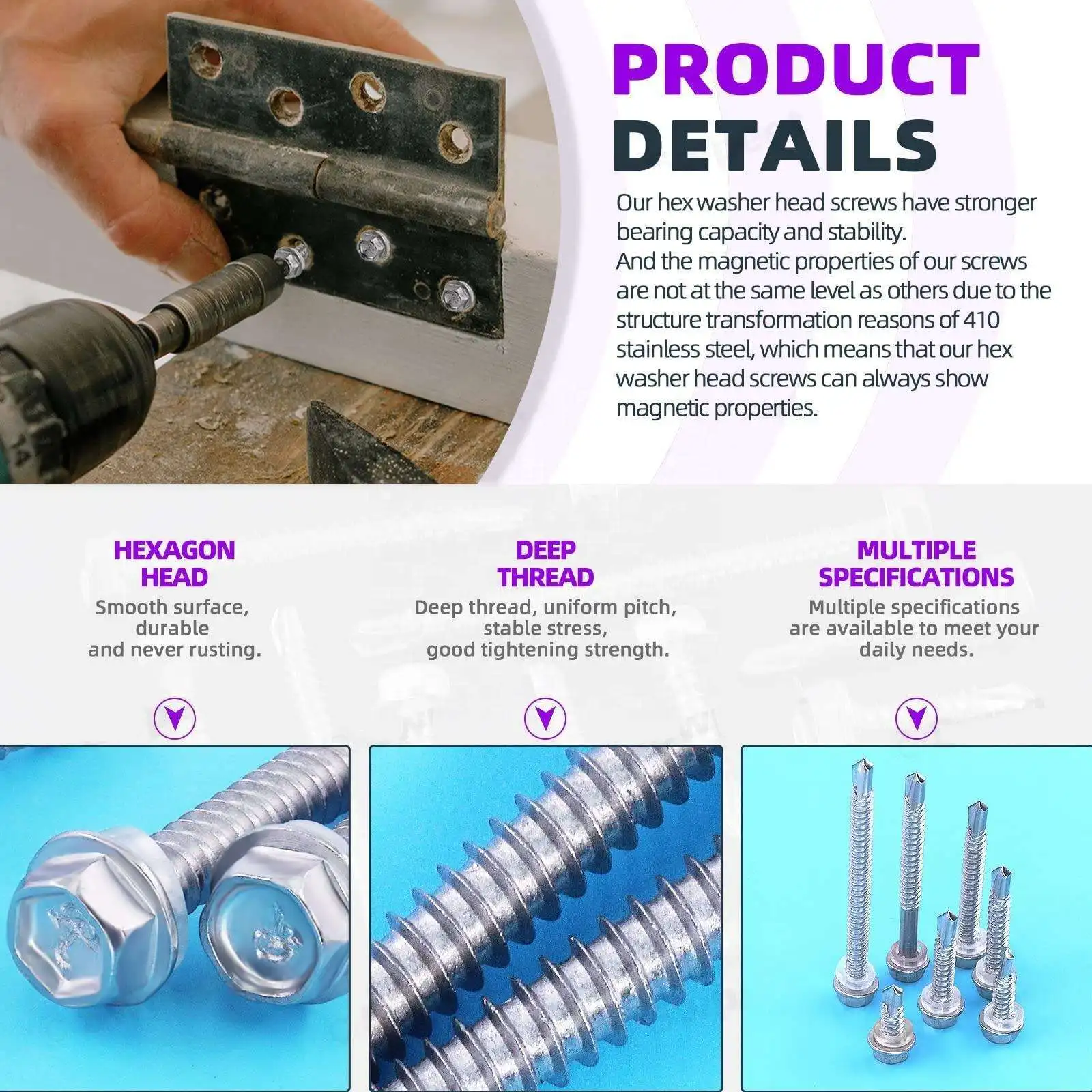 410 Stainless Steel Black gold Color zinc Hex Washer Head Self-tapping roofing Fast Self Tapping Drilling metal Screw for metal