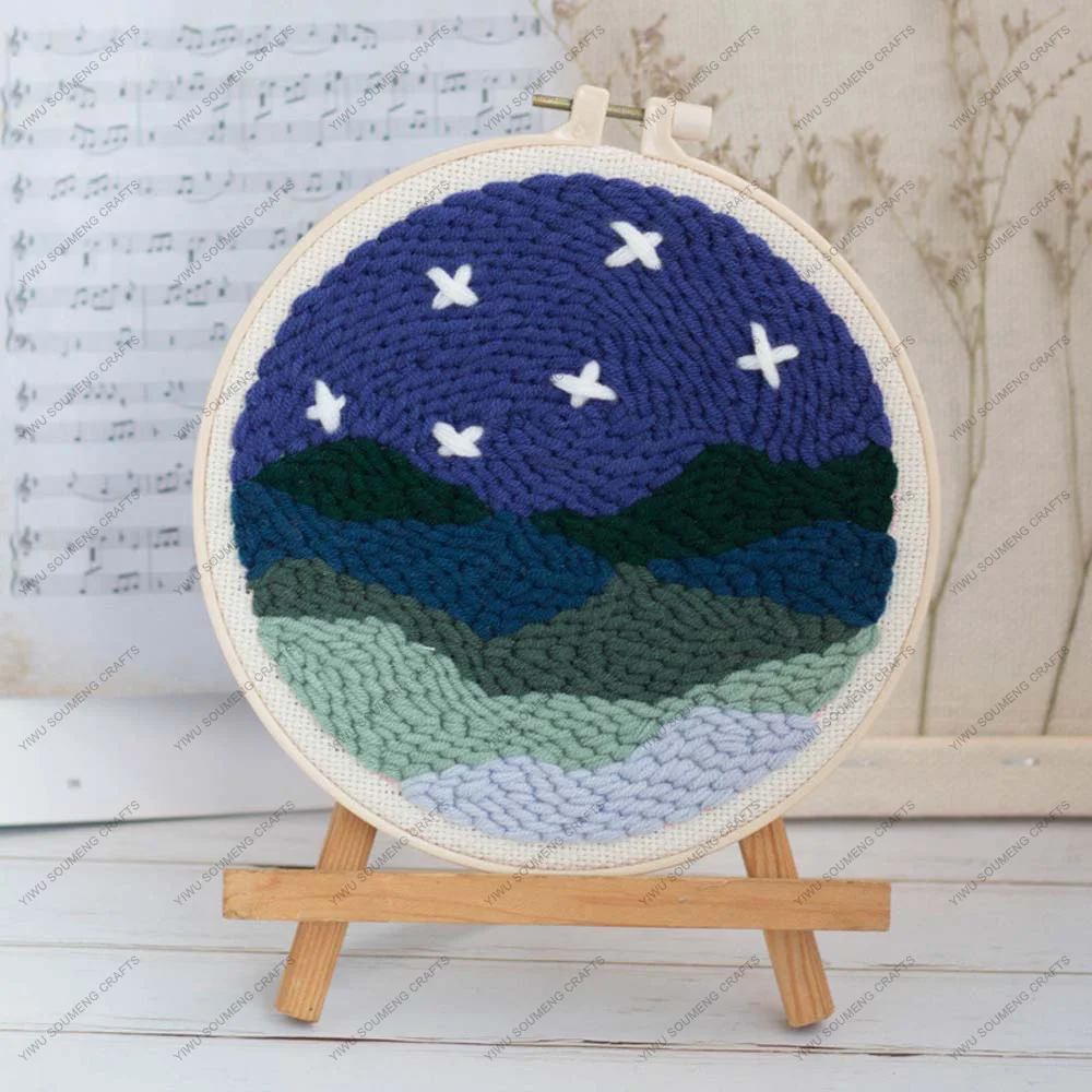 Landscape Stars Handmade DIY Poke Embroidery Cross Stitch Poke Embroidery Hoop Punch Needle Embroidery Kit For Beginner