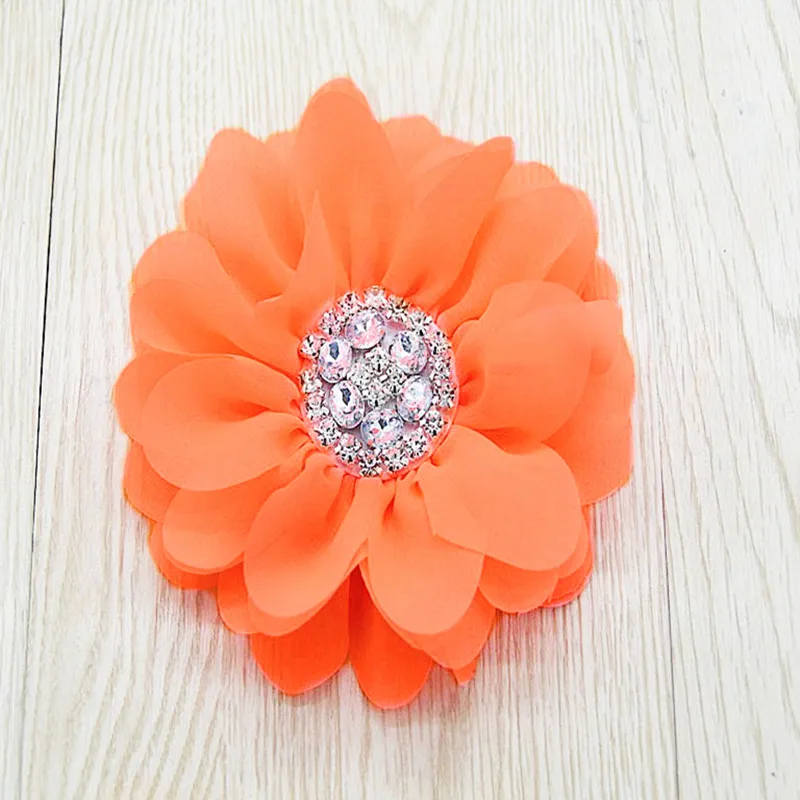 5' Large rhinestones center shabby chiffon Flower with beads handmade pearl center flowers in Neon color 30pcs/lot