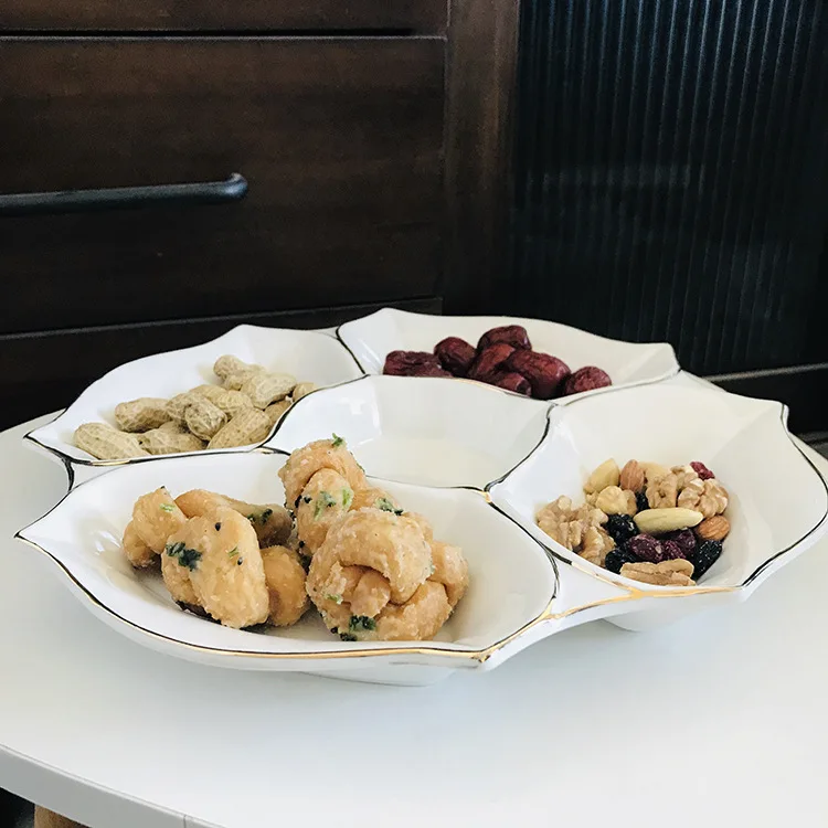 Household Gold White Porcelain Plate Ceramic Combination Dried Fruit Snack Plate Compartment Tray